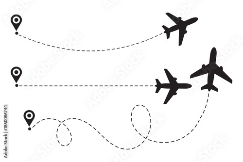 Airplane with dotted line route. flying plane with twisted, curved and straight dashed trace path. vector illustration