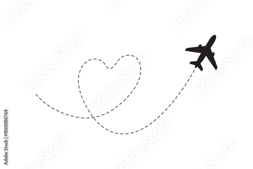 Love airplane route. Romantic travel, heart dashed line trace and plane routes isolated vector illustration