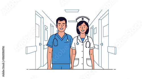 Healthcare professionals in hospital corridor