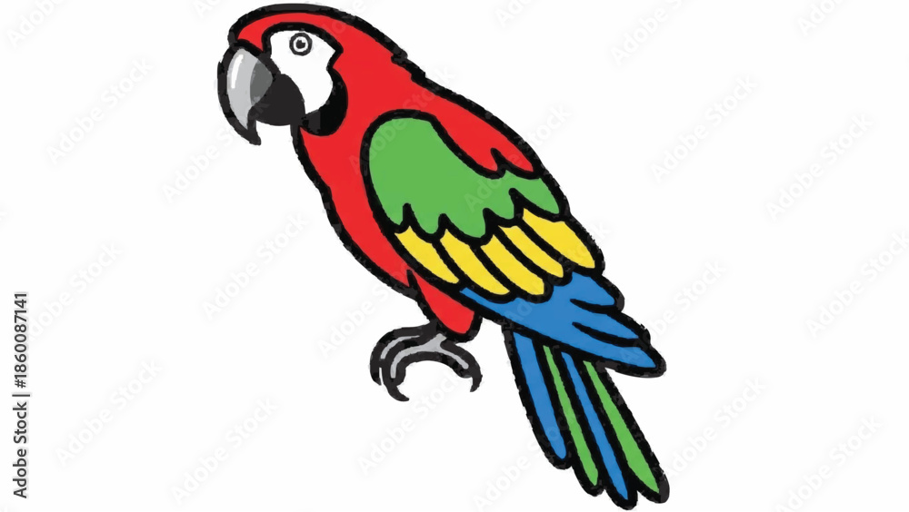 Fototapeta premium Bright and colorful cartoon illustration of a scarlet macaw parrot with red, green, yellow, and blue feathers, perched on an invisible branch.
