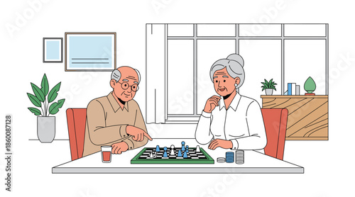 Elderly couple engaged in chess