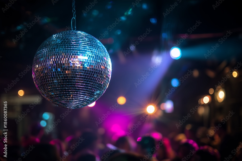 Obraz premium Brightly illuminated disco ball hanging over a blurred crowd enjoying a vibrant nightlife scene, concept for event promotion, music festivals and party invitations