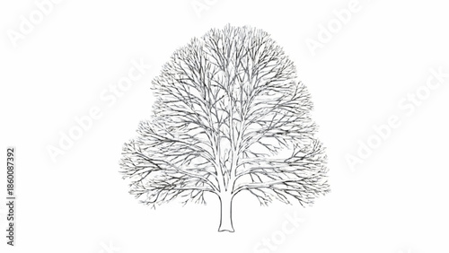 Intricate and delicate pen and ink drawing of a large leafless tree in winter, showing the beautiful complexity of its branches.