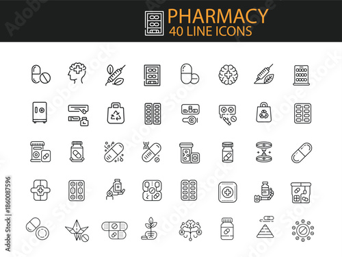 Pharmacy and medical line icons set on white background Keywords: pharmacy, medical, health