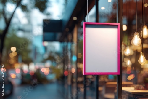 Wallpaper Mural A white rectangular blank sign hangs on the glass of a modern cafe, with a pink frame and a blurred street in the background Torontodigital.ca