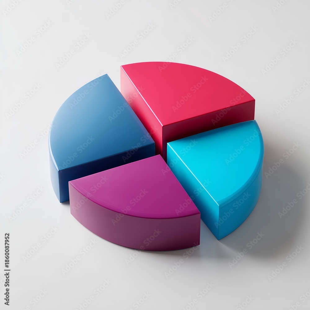 Obraz premium 3D render of a glossy, colorful pie chart divided into four distinct segments on a clean white background, concept for data analysis, financial reporting and market segmentation