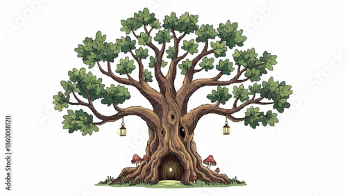 Enchanting pixel art illustration of a magical, ancient oak tree with a glowing doorway in its trunk and lanterns hanging from branches.