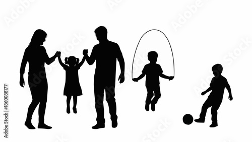 Family Silhouettes Playing Together Outdoors on White Background.