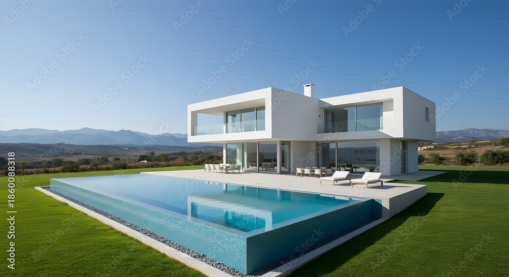 Fototapeta premium Modern white villa with infinity pool overlooking a scenic mountain landscape