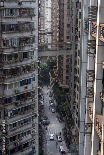 The streetscape between the city's tall buildings