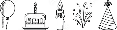 Birthday celebration line icons set, balloon, cake with candle, festive firework and party hat silhouettes, black outline holiday events graphic elements, isolated,