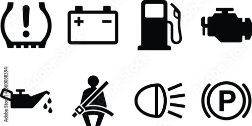 Car dashboard warning icon set, black vector style, tire pressure, battery, fuel, engine, oil, seatbelt, headlights, brake
