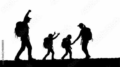 Family hiking adventure silhouette with backpacks and raised arms.