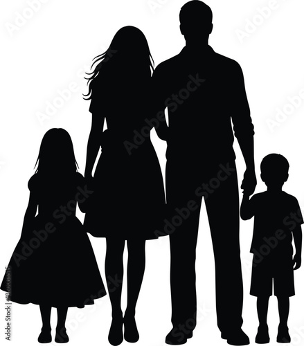 Family silhouette icon, black vector style, nuclear family pose, parent child bonding, upright stance, social concept graphic