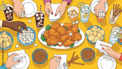 Family gathering for a festive meal with roasted chicken and side dishes.