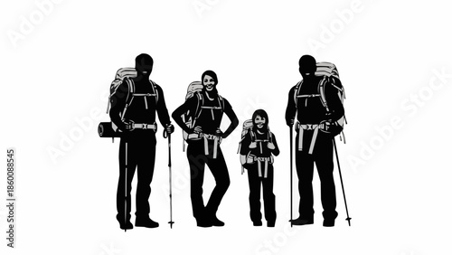 Family of hikers with backpacks and trekking poles.