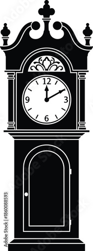 Grandfather clock silhouette icon, black vector style, vintage timepiece, ornate design, classic decor, antique symbol, traditional graphic