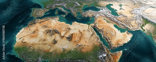 Detailed 3D satellite map view of the Middle East, North Africa, Mediterranean and Red Sea regions, concept for global warming analysis, geopolitical strategy and scientific visualization