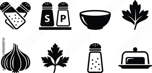Kitchen icon set, black vector style, salt shaker, pepper, garlic, parsley, butter dish, bowl, herb leaf, culinary graphic