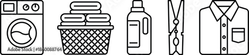 Laundry icon set, black vector style, washing machine, basket, detergent bottle, clothespin, shirt, cleaning graphic, household chore symbol
