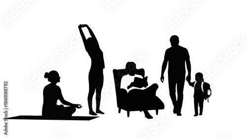 Family silhouettes engaged in various activities together indoors.