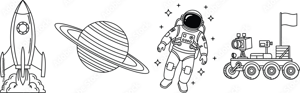 Fototapeta premium Space exploration icon set, black vector style, rocket launch, ringed planet, astronaut, rover, science graphic, cosmic adventure symbol