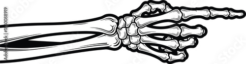 Skeletal hand and arm pointing right silhouette, human bone anatomy finger gesture, spooky halloween element isolated on white background vector illustration