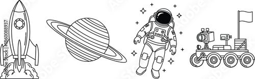 Space exploration icon set, black vector style, rocket launch, ringed planet, astronaut, rover, science graphic, cosmic adventure symbol