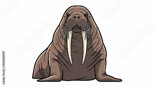 Detailed cartoon illustration of a large brown walrus with prominent white tusks and whiskers, sitting and facing forward on a plain white background.