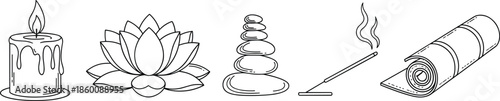 Spa and wellness line icons set, scented candle, lotus flower, zen stones, incense stick and yoga mat silhouettes, black outline relaxation graphic,
