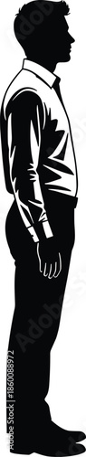 Standing person silhouette icon, black vector style, side profile, formal attire, relaxed posture, human figure graphic, ergonomic symbol