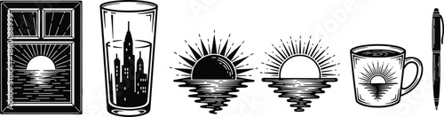 Sunset icon set, black vector style, window view, city skyline, sun reflection, coffee mug, pen, creative sunrise graphic