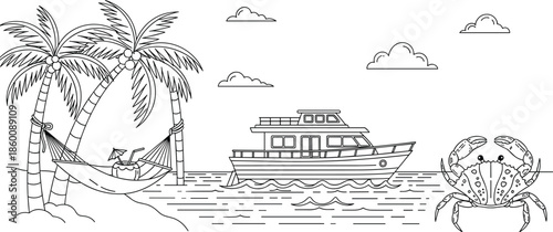 Tropical beach scene icon, black vector style, hammock, palm trees, yacht, crab, clouds, vacation graphic, coastal leisure symbol
