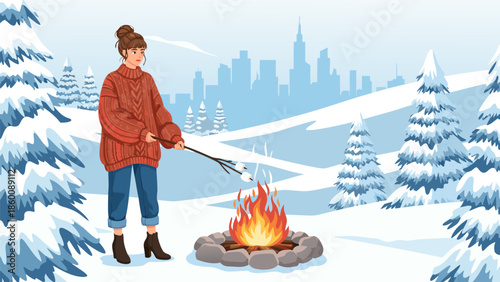 Cozy winter illustration of a person roasting marshmallows over a campfire in a snowy landscape with city skyline, vector art
