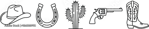 Wild West line art icon set with cowboy hat, horseshoe, saguaro cactus, revolver gun and western boot, isolated on white background vector illustration
