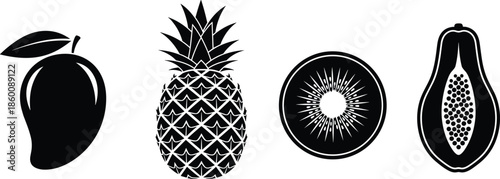 Tropical fruit silhouette set, black vector style, mango, pineapple, kiwi, papaya icons, sliced fruit graphic, exotic food symbol