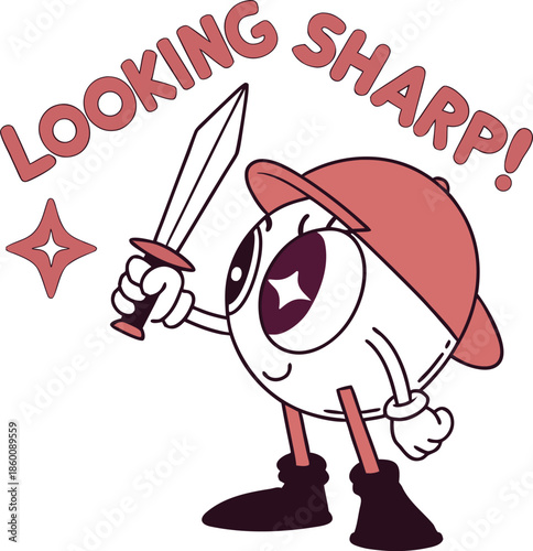 Cute cartoon eyeball character holding a sword looking sharp and determined