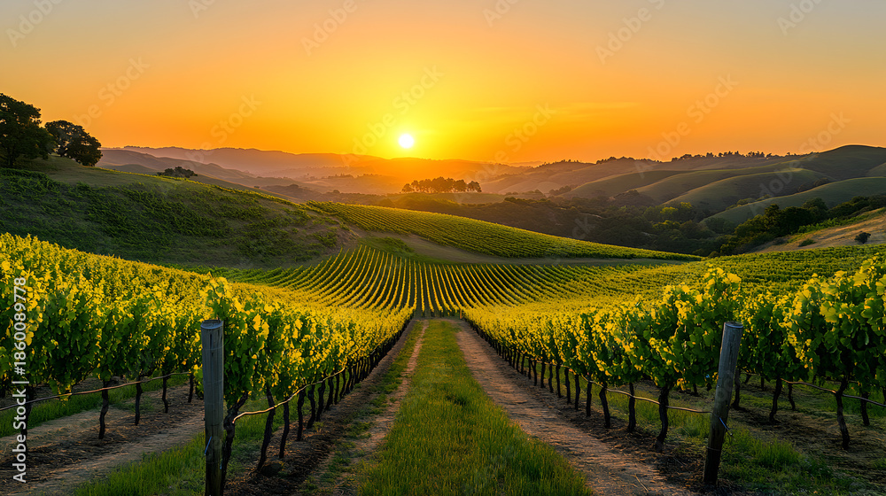 Naklejka premium A serene vineyard landscape at sunset with rolling hills and lush green grapevines