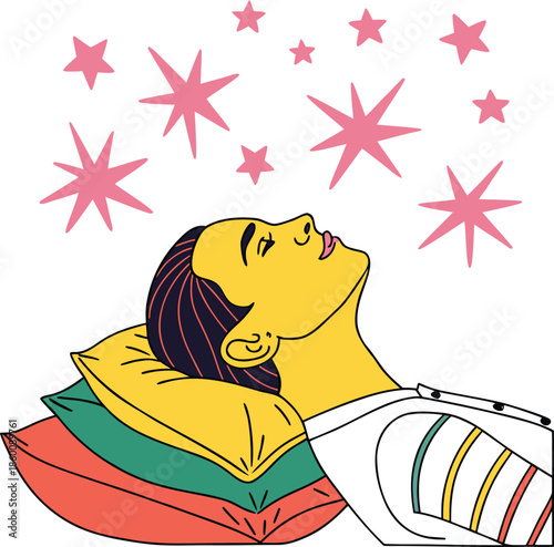 Cartoon woman dreaming happily with stars isolated illustration