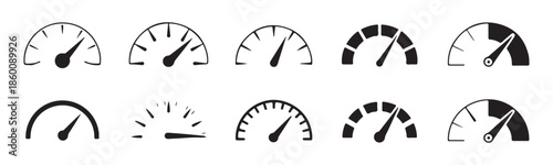 Set of black speedometer icons for automobile performance tracking dashboard design on white backdrop