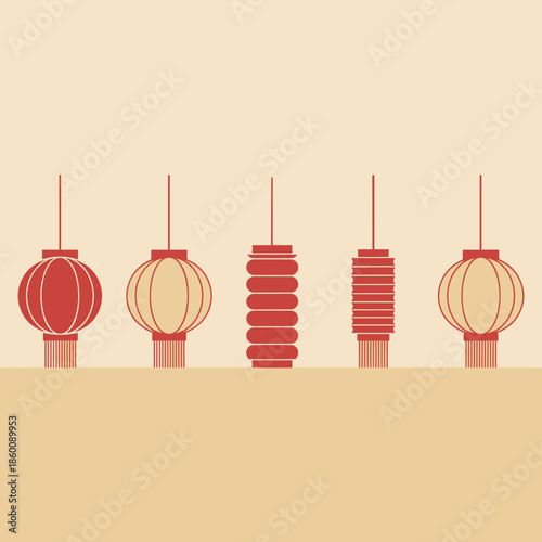 Lunar new year of five simple red and light-colored Chinese lanterns in a clean, minimalist arrangement, highlighting diverse traditional shapes for design.