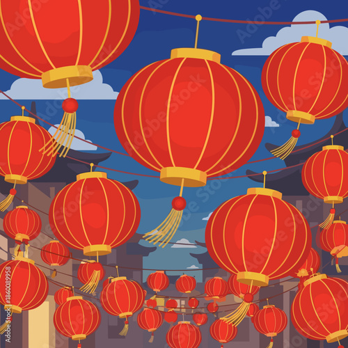 Lunar new year of numerous glowing red Chinese lanterns adorning a traditional street scene at night, capturing the vibrant and magical atmosphere of the festival.