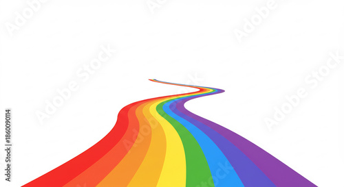 Vibrant rainbow colored road curves dramatically creating a cheerful abstract visual path against a white background. AI Generated