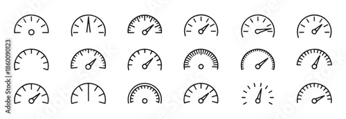 Set of line style gauges speedometer icons measuring performance indicator and progress measurement