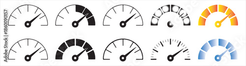 Set of ten speedometer and gauge icons for measuring speed performance and level indication