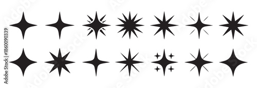 simple star and sparkle icons, four pointed stars and burst shapes, shining decorative elements, abstract graphic symbols
