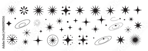 Abstract celestial star elements vector mixed set, cosmic orbital icons and various sparkle light effects
