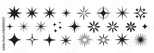 Diverse starburst and sparkle shapes vector mega set, celestial glow elements and stylized floral icons