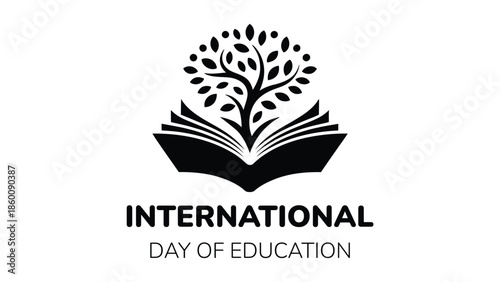 International day of education minimal logo design with open book and tree symbol representing learning knowledge growth and global education concept