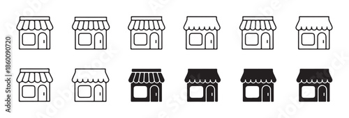 Retail store outline and solid icon pack featuring small shops with striped awning canopy roof designs